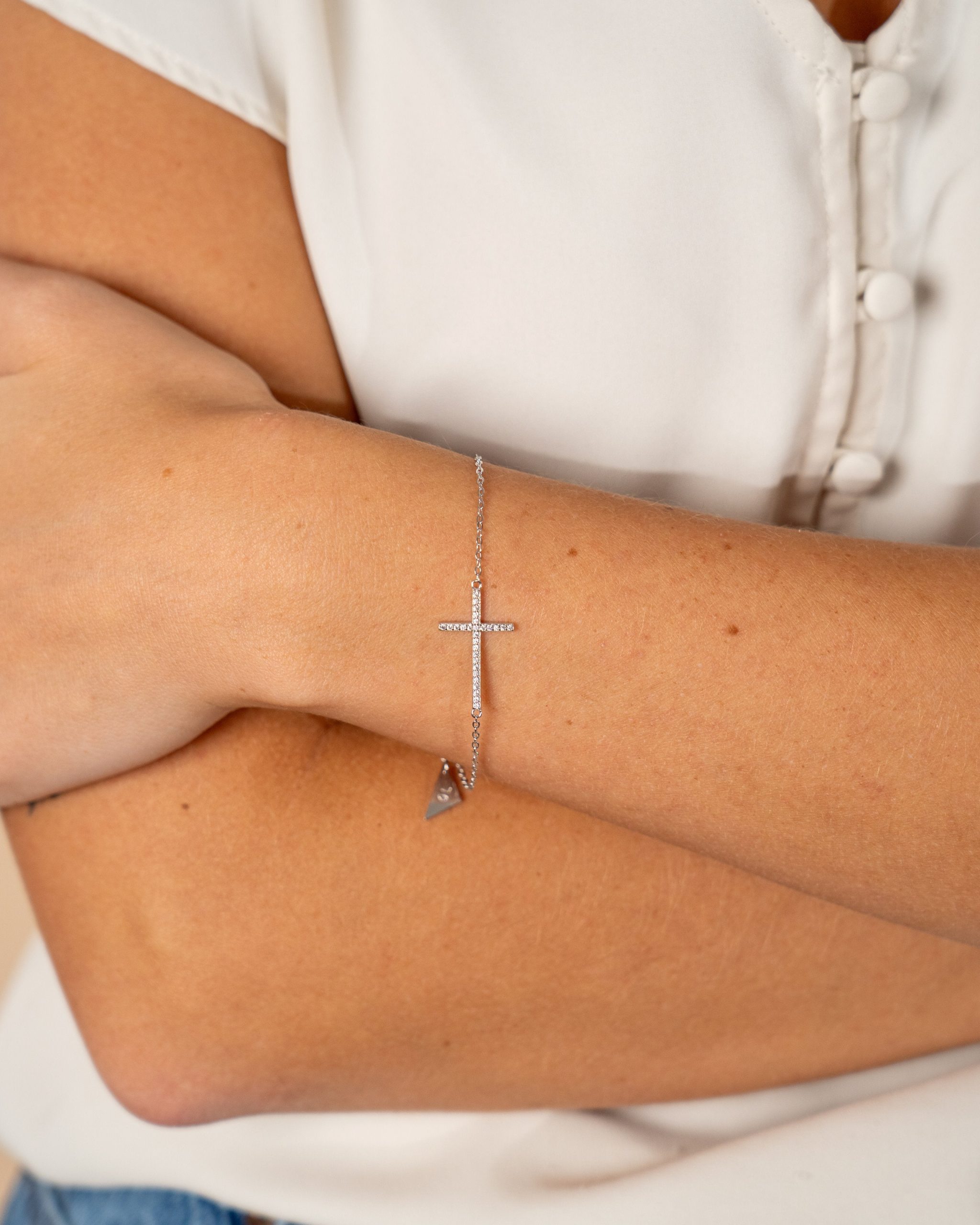 Sterling Silver Sideways CZ Cross Bracelet - Image 2