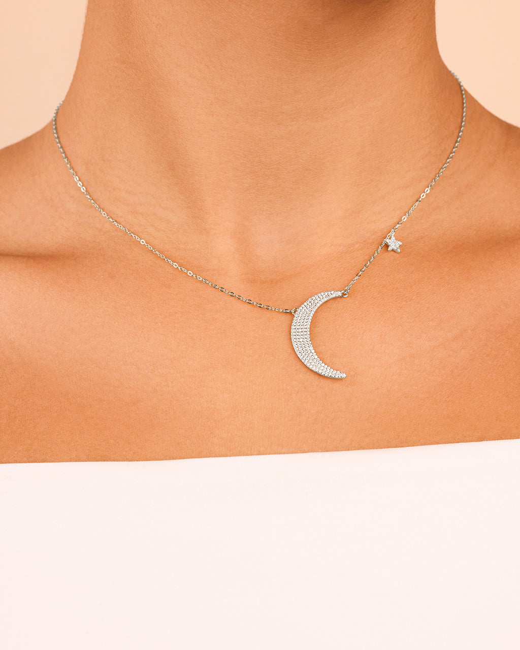 Sterling Silver CZ Crescent & Star Charm Necklace - Image 2