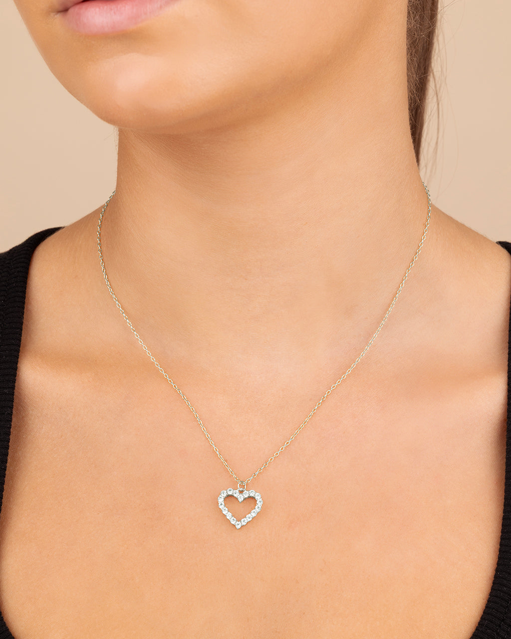 Sterling Silver Cubic Zirconia Outline Heart Pendant Necklace - Image 3