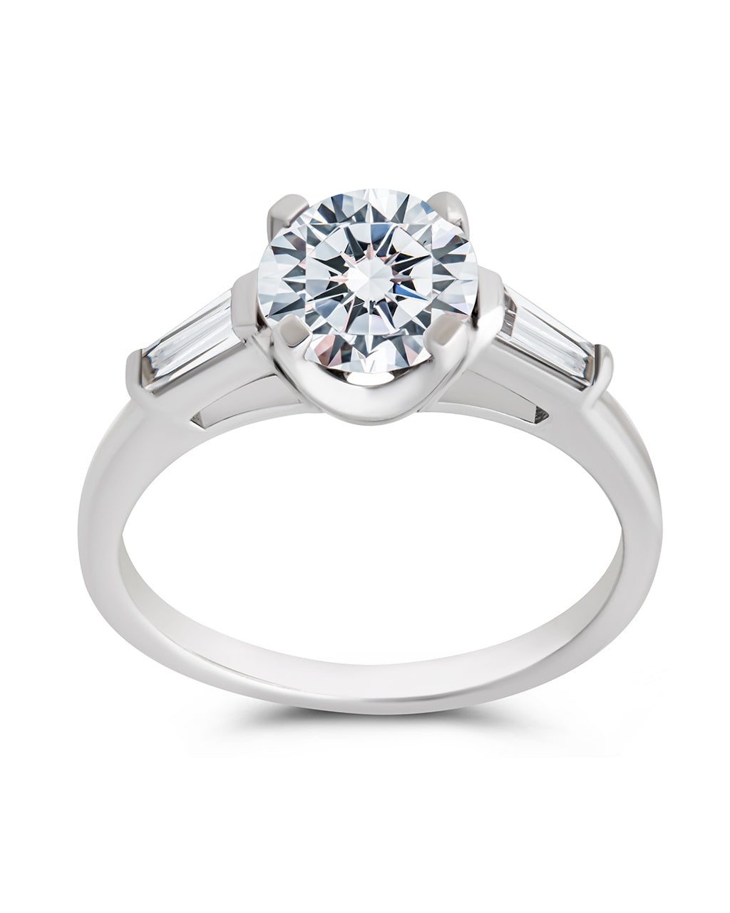 Sterling Silver 4-Prong Brilliant Cut & Baguette Accent Engagement Ring - Image 4