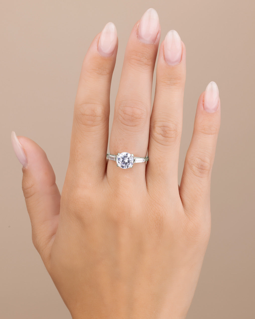 Sterling Silver 4-Prong Brilliant Cut & Baguette Accent Engagement Ring - Image 3