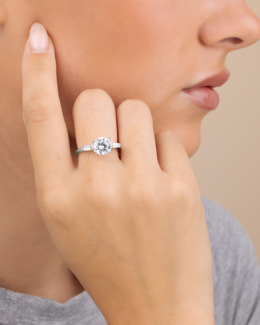 Sterling Silver 4-Prong Brilliant Cut & Baguette Accent Engagement Ring - Image 2