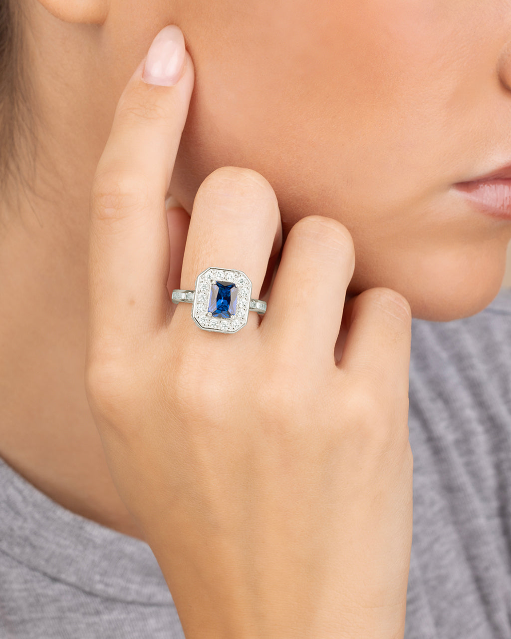 Sterling Silver Emerald Cut Sapphire CZ Cocktail Ring - Image 2